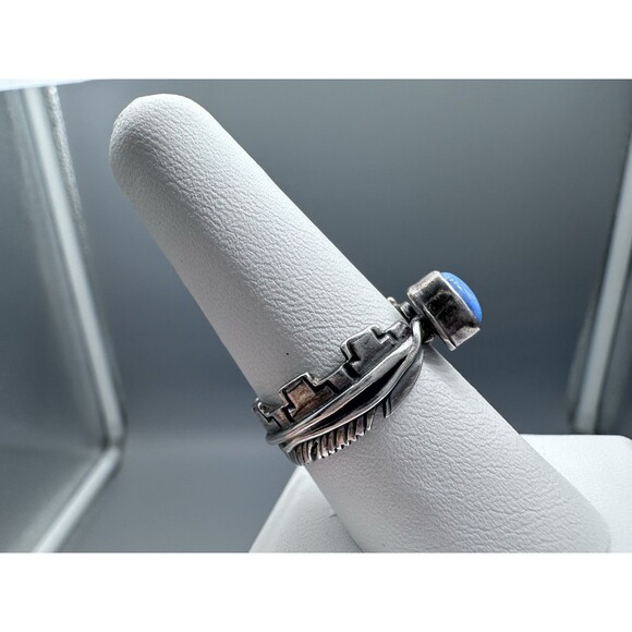 Native Navajo Sterling Silver Denim Lapis Feather Ring Size 8.25 H Mace - Picture 3 of 5